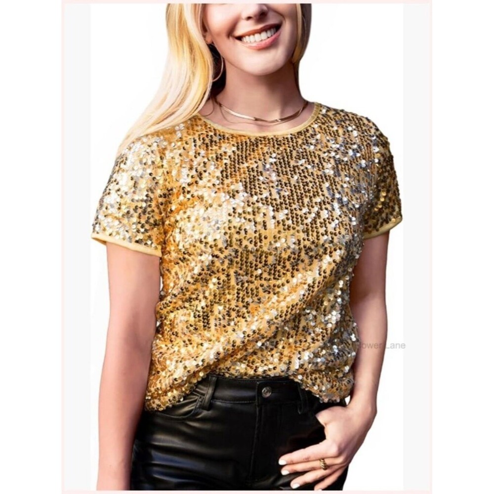 Mes Demoiselles Gold Sequin Revolve Going Out Party Short Sleeve Top XS Small